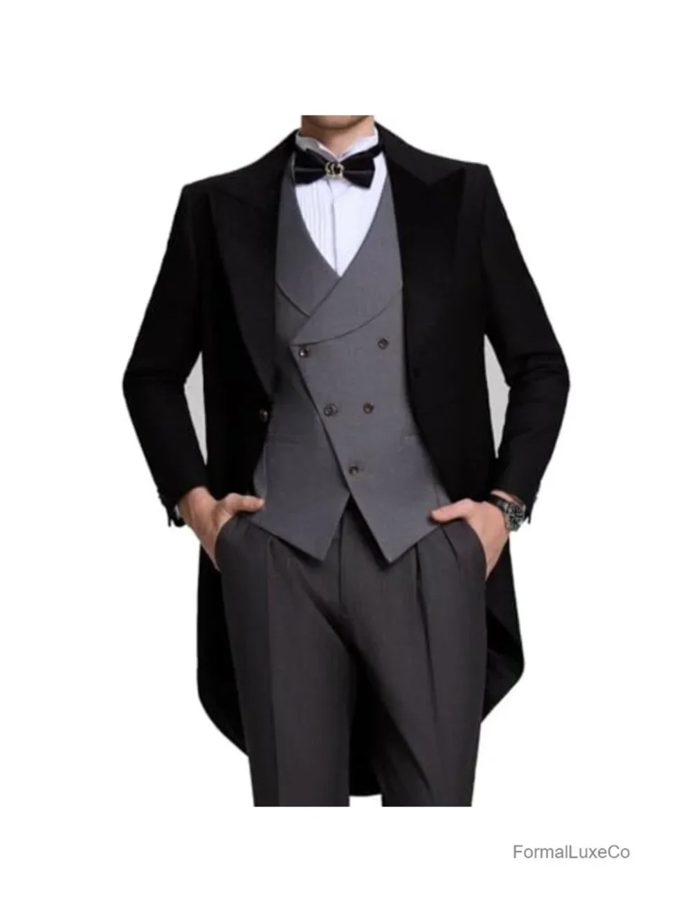 Men's 3 Piece Slim Fit Tuxedo Suit with Velvet Collar, Double Breasted Vest,